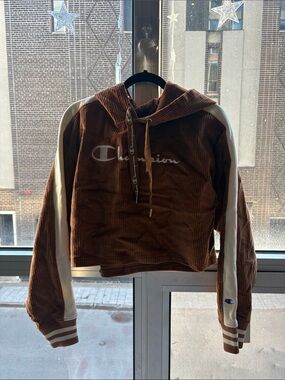 Champion Brown Corduroy Cropped Hoodie with Cream Sleeve Stripes